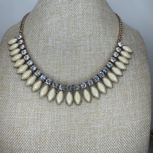 J. Crew Gold Statement Necklace With Cream Enamel & Clear Crystal Accents 15-18" - Picture 3 of 8